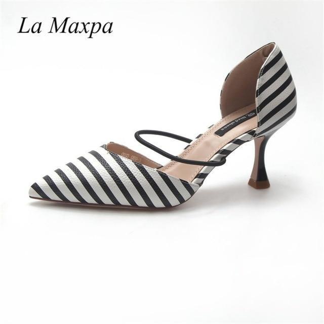 La MaxPa Summer Polka Dot Women Sandals Pointed Toe Women Stripe 6cm Thin Heel Ladies Slippers Comfortable Slip On Shoes Pumps-stripe-4-JadeMoghul Inc.