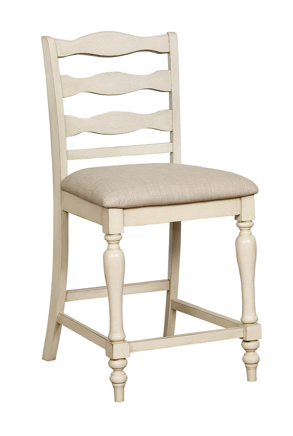 Ladder Back Wooden Counter Height Chair with Fabric Seat, Pack of Two, Antique White and Gray-Dining Chairs-White and Gray-Fabric Solid Wood-JadeMoghul Inc.