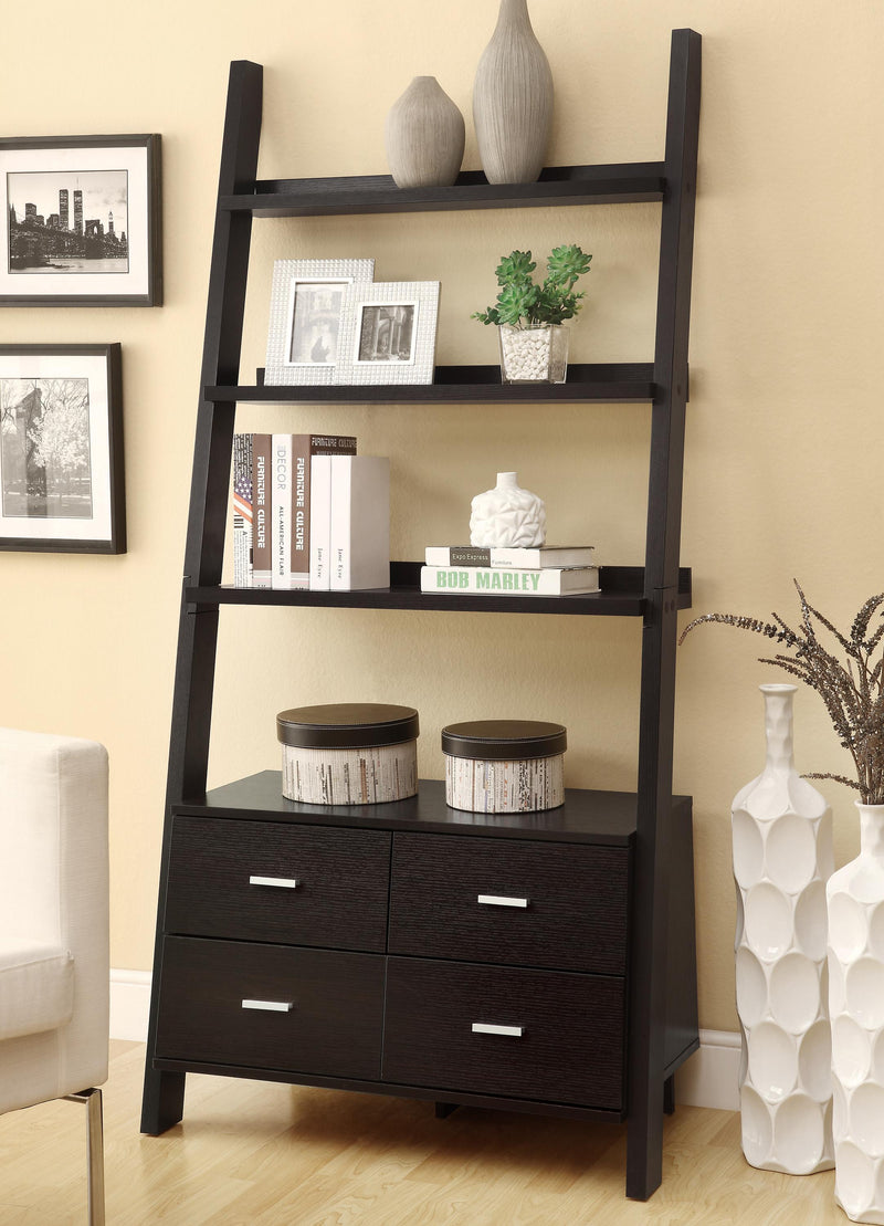 Ladder Bookcase With 4 Storage Drawers And Open Shelves, Cappuccino-Bookcases-Cappuccino-MDF-JadeMoghul Inc.