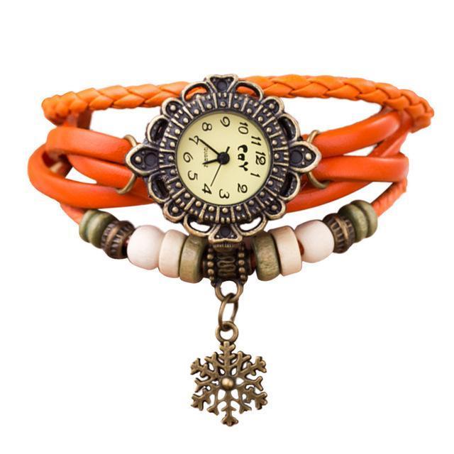 Ladies Long Leather Strap Snowflake Bracelet Watch-Orange-JadeMoghul Inc.