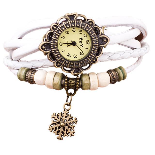 Ladies Long Leather Strap Snowflake Bracelet Watch-White-JadeMoghul Inc.