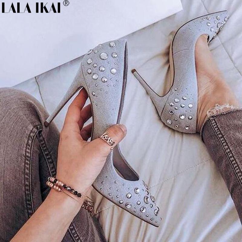 LALA IKAI Women Pumps Spring Diamond Pointed Toe Slip-on High Heels Shoes Dress Pumps Shoes Ladies Wedding Shoes XWC1859-5-Blue-5-JadeMoghul Inc.