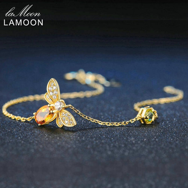 LAMOON Bee 5X7mm 100% Natural Oval Citrine 925 Sterling Silver Jewelry Gold-color Chain Charm Bracelet S925 LMHI002--JadeMoghul Inc.