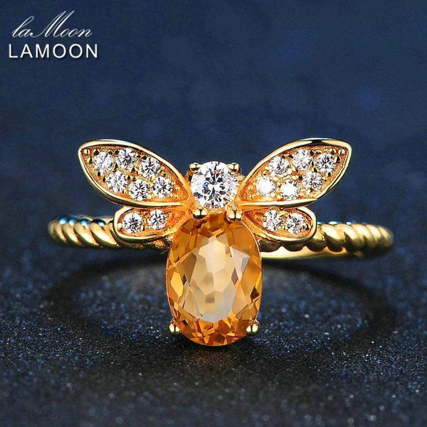 LAMOON Bee 5x7mm 1ct Natural Oval Citrine 925 Sterling Silver Jewelry Wedding Ring with 14K Gold Plated S925 For Women LMRI019