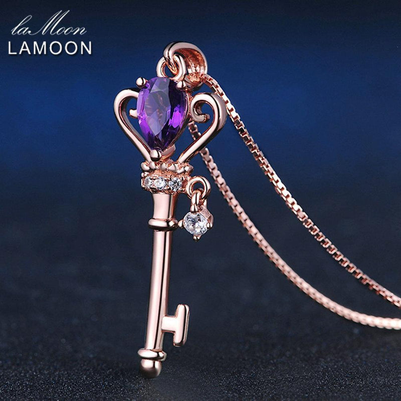 LAMOON Crown Key Pendant Necklace 6x4mm 0.4ct Natural Teardrop Amethyst 925 Sterling Silver Jewelry Rose Gold Color S925 LMNI004--JadeMoghul Inc.