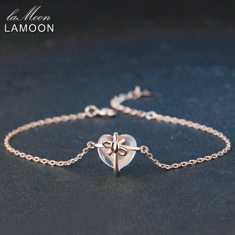 LAMOON Heart 9x10mm 100% Natural Gemstone Rose Quartz 925 Sterling Silver Jewelry S925 Charm Bracelet LMHI047--JadeMoghul Inc.