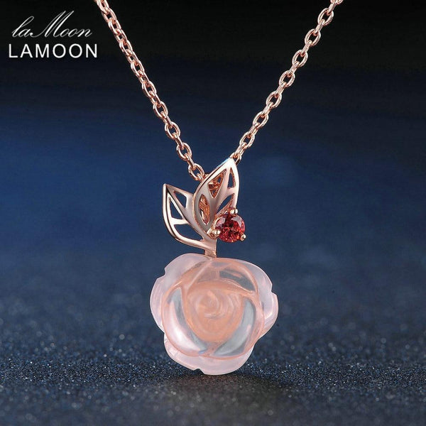 LAMOON Rose Flower 9mm 100% Natural Gemstone Rose Quartz Chain Necklace 925 Sterling Silver Jewelry Rose Gold Plated LMNI025--JadeMoghul Inc.