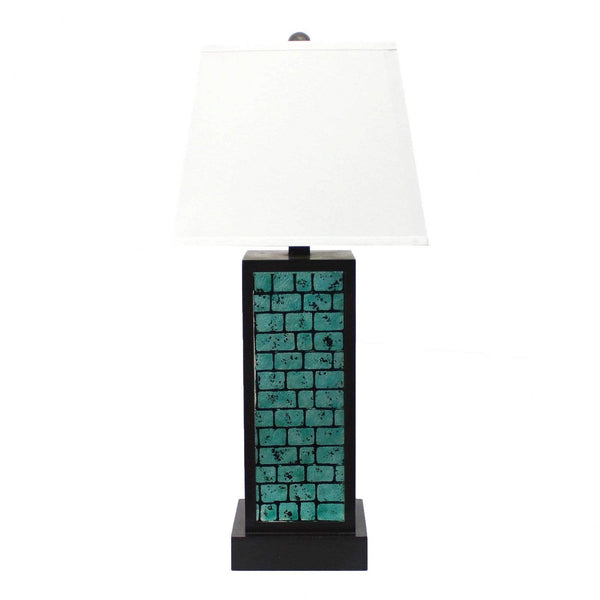 Lamps Rustic Table Lamps - 13" x 15" x 30.75" Black, Metal With Teal Brick Pattern - Table Lamp HomeRoots