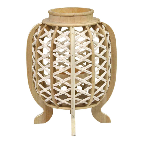 Lanterns White Lantern - 9.75" X 9.75" X 13" Natural Wood White Bamboo Wood Rope Jute Lantern HomeRoots