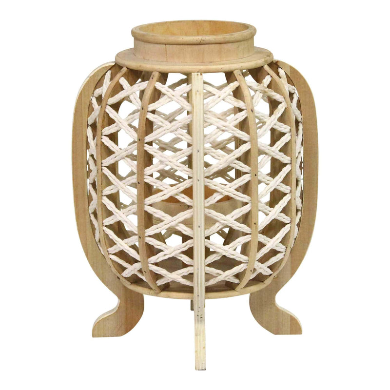 Lanterns White Lantern - 9.75" X 9.75" X 13" Natural Wood White Bamboo Wood Rope Jute Lantern HomeRoots