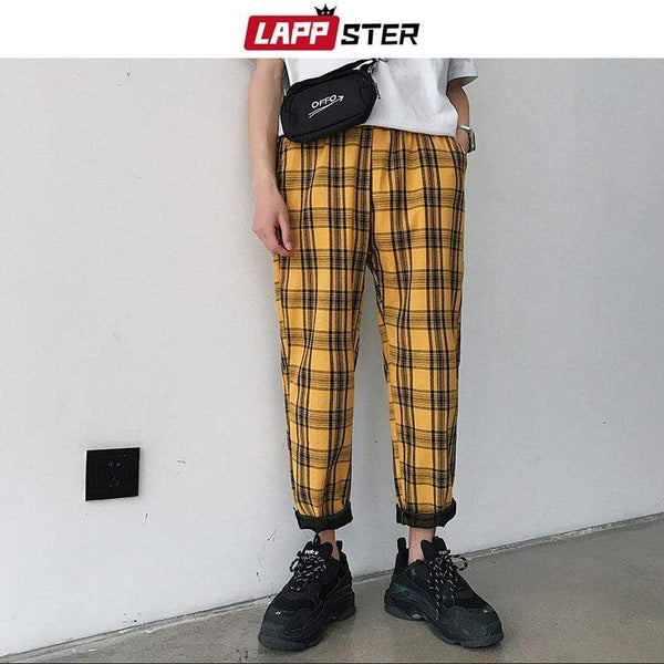 LAPPSTER Streetwear Yellow Plaid Pants Men Joggers 2020 Man Casual Straight Harem Pants Men Korean Hip Hop Track Pants Plus Size AExp
