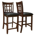 Lattice Back 24" Wooden Counter Height Chair with Leatherette Seat, Set of 2, Brown and Black-Bar Chairs-Brown and Black-Wood Faux Leather-JadeMoghul Inc.