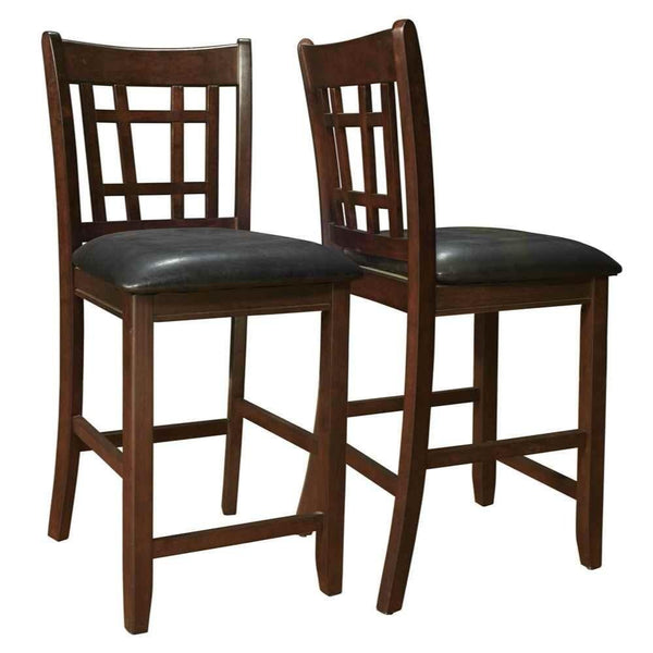 Lattice Back 24" Wooden Counter Height Chair with Leatherette Seat, Set of 2, Brown and Black-Bar Chairs-Brown and Black-Wood Faux Leather-JadeMoghul Inc.