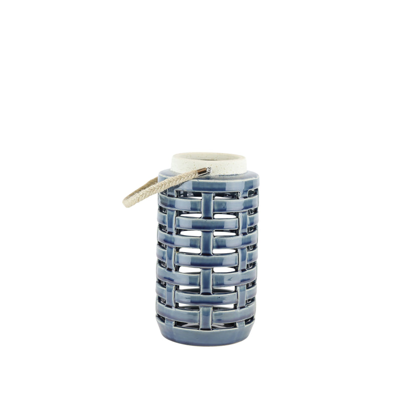 Lattice Cutout Patterned Ceramic Lantern with Rope Handle, Small, Blue and White-Lanterns-Blue and White-Ceramic-JadeMoghul Inc.