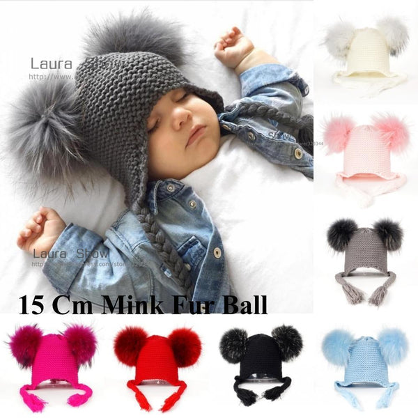 LAURASHOW New Autumn Winter Baby Beanie 16 CM Real Fur Pompoms Warm Sleep Wool Cap Kids Clothing Accessories Hat-white pom-JadeMoghul Inc.