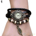 Layered leather Bracelet Watch With leaf Charm-Black-JadeMoghul Inc.