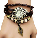 Layered leather Bracelet Watch With leaf Charm-Blue-JadeMoghul Inc.