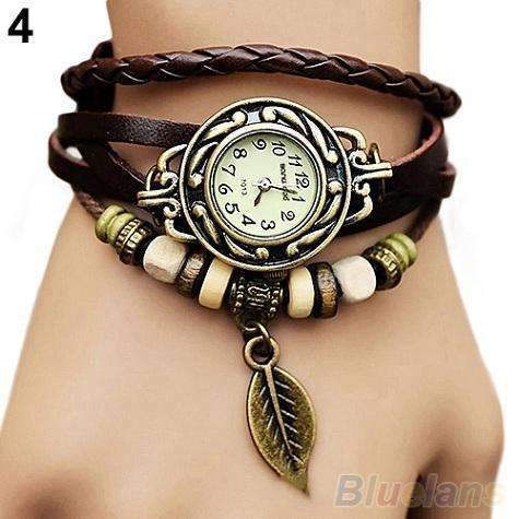 Layered leather Bracelet Watch With leaf Charm-Coffee-JadeMoghul Inc.