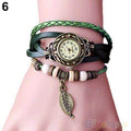 Layered leather Bracelet Watch With leaf Charm-Green-JadeMoghul Inc.