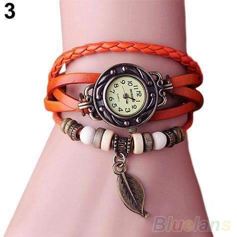Layered leather Bracelet Watch With leaf Charm-Orange-JadeMoghul Inc.