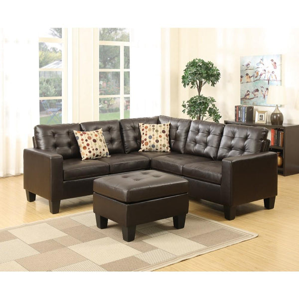 Leather 4 Pieces Sectional With Cocktail Ottoman and Pillows In Espresso Brown-Living Room Furniture Sets-Brown-Bonded Leather ParticleBoard Pine Wood Plastic Leg-JadeMoghul Inc.