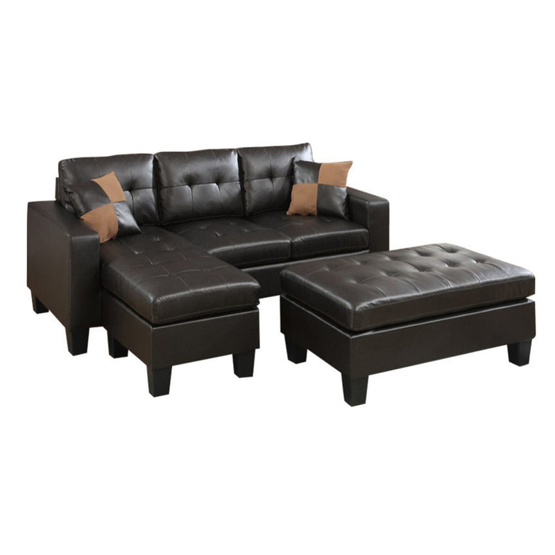 Leather All In One Sectional With Ottoman And 2 Pillows In Espresso Brown-Living Room Furniture Sets-Brown-Bonded Leather PlywoodSolid PinePlastic Foam-JadeMoghul Inc.