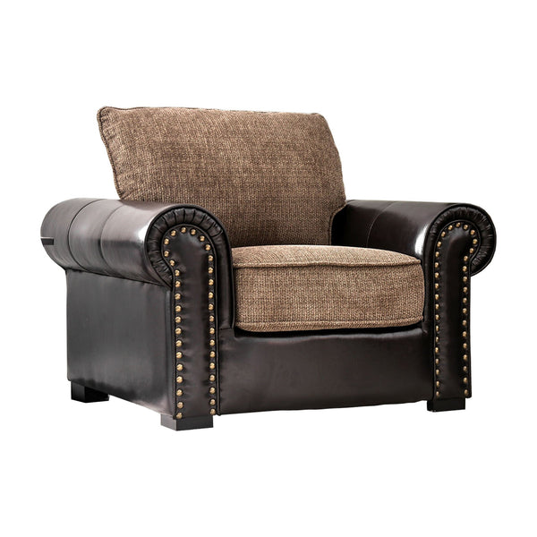 Leather and Fabric Upholstered Chair With Rolled Armrests, Brown-Accent Chairs-Brown-Fabric Leather and wood-JadeMoghul Inc.