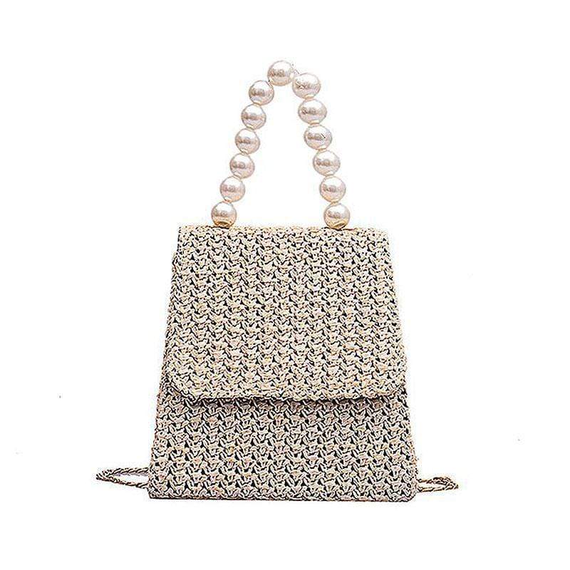 Summer Themed Straw Woven Pattern Pearl Handle Metal Chain Bag