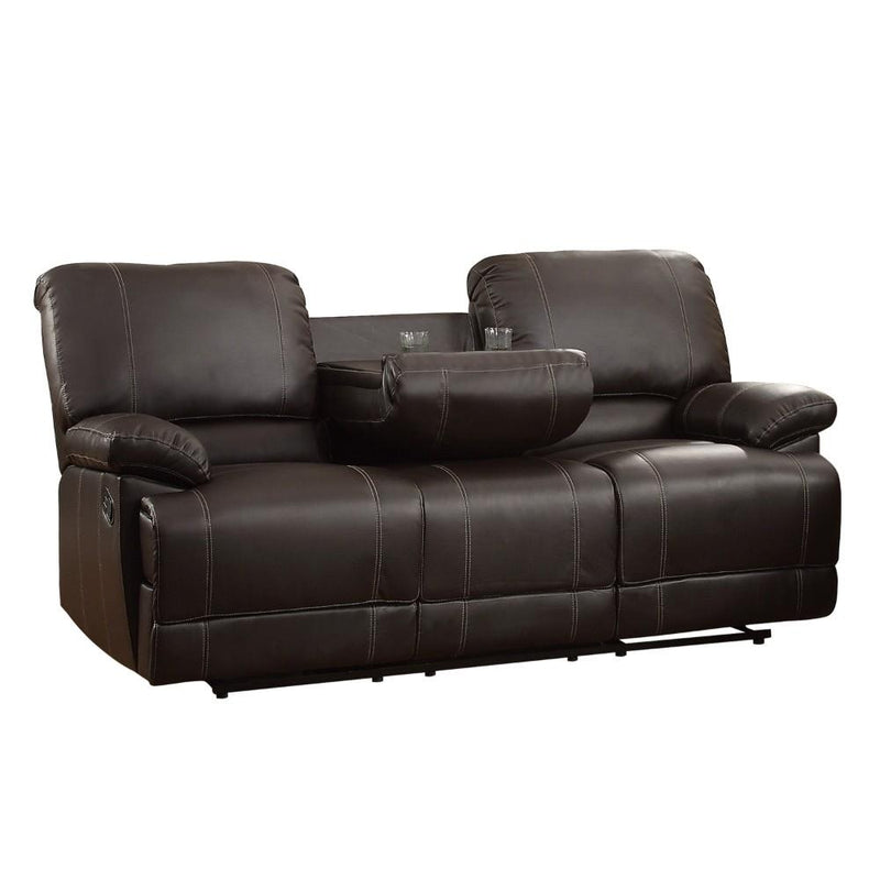 Leather Double Reclining Sofa With Drop Down Cup Holders, Dark Brown-Living Room Furniture-Brown-Leather-JadeMoghul Inc.