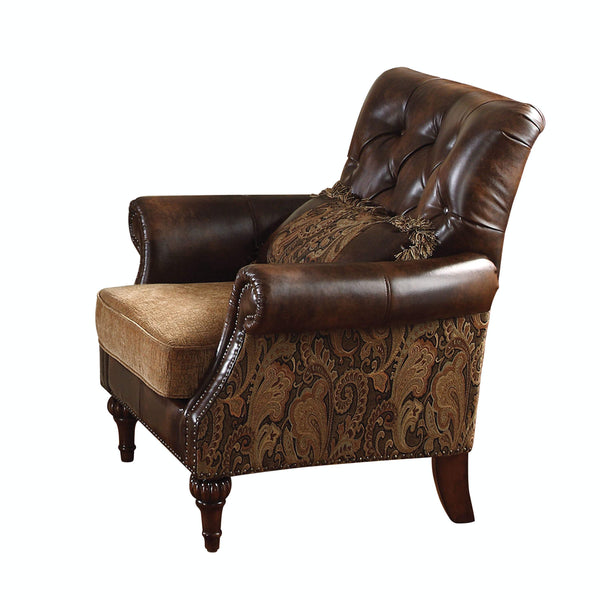 Leather & Fabric Upholstered Armchair With One Pillow, Brown-Arm Chairs-Brown-Wood, Leather & Fabric-JadeMoghul Inc.