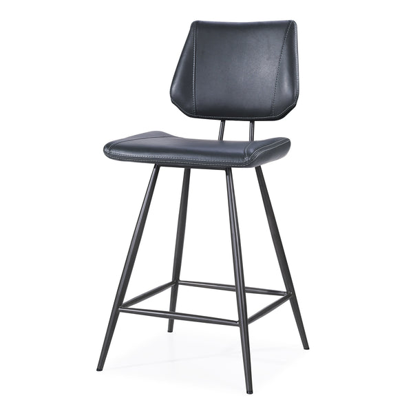 Leather Upholstered and Metal Counter Height Stool with Stitch Details, Black