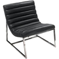 Leather Upholstered Lounge Chair with Channel Tufting Details and Steel Frame, Black and Silver-Accent Chairs-Black and Silver-Faux Leather and steel-JadeMoghul Inc.