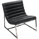 Leather Upholstered Lounge Chair with Channel Tufting Details and Steel Frame, Black and Silver-Accent Chairs-Black and Silver-Faux Leather and steel-JadeMoghul Inc.