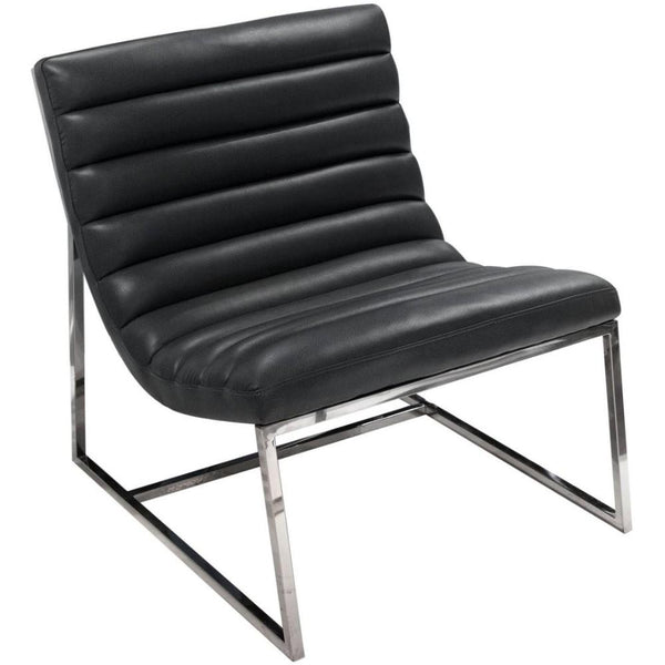 Leather Upholstered Lounge Chair with Channel Tufting Details and Steel Frame, Black and Silver-Accent Chairs-Black and Silver-Faux Leather and steel-JadeMoghul Inc.