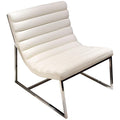 Leather Upholstered Lounge Chair with Channel Tufting Details and Steel Frame, White and Silver-Accent Chairs-White and Silver-Faux Leather and steel-JadeMoghul Inc.