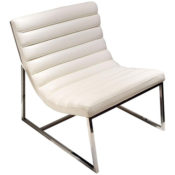 Leather Upholstered Lounge Chair with Channel Tufting Details and Steel Frame, White and Silver-Accent Chairs-White and Silver-Faux Leather and steel-JadeMoghul Inc.