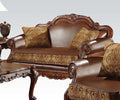 Leather Upholstered Love Seat with 2 Pillow, Cherry Brown-Sofas Sectionals & Loveseat-Brown-Leather and Wood-JadeMoghul Inc.