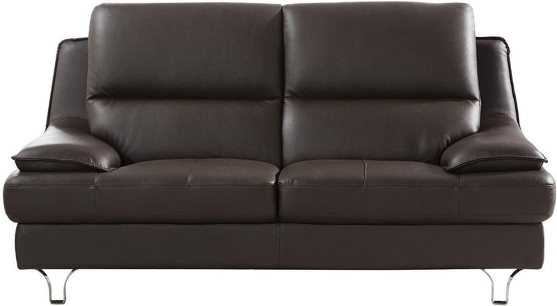 Leather Upholstered Loveseat with Spilt Back, Pillow Top Armrest and Steel Feet, Dark Brown-Sofas Sectionals & Loveseats-Brown-Wood, Stainless Steel, Leather-JadeMoghul Inc.