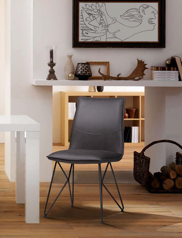 Leather Upholstered Metal Chair with Angle Hairpin Style Legs, Black and Gray-Accent Chairs-Gray-Leather and Metal-JadeMoghul Inc.