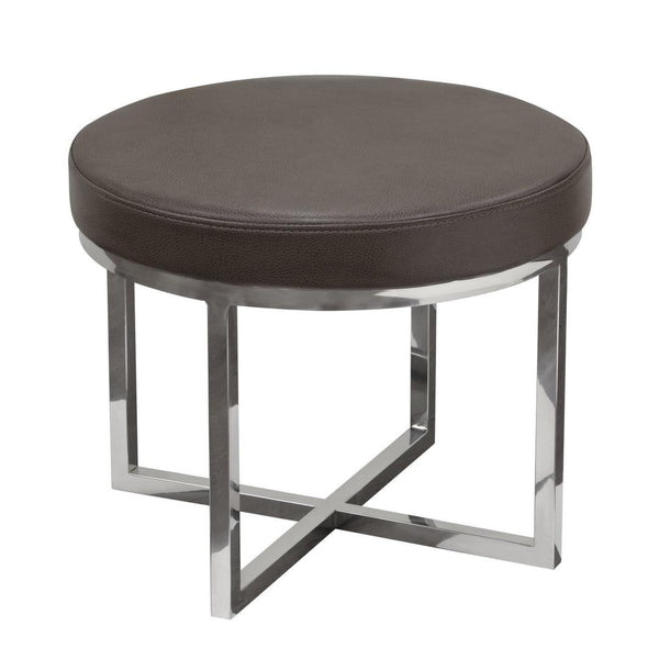 Leather Upholstered Round Accent Stool with Cross Metal Legs, Gray and Chrome-Accent Stools-Gray and Chrome-Metal and Faux Leather-JadeMoghul Inc.