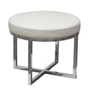Leather Upholstered Round Accent Stool with Cross Metal Legs, White and Chrome-Accent Stools-White and Chrome-Metal and Faux Leather-JadeMoghul Inc.