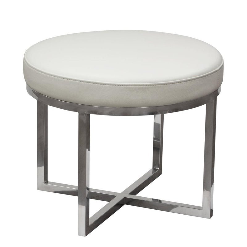 Leather Upholstered Round Accent Stool with Cross Metal Legs, White and Chrome-Accent Stools-White and Chrome-Metal and Faux Leather-JadeMoghul Inc.