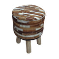 Leather Upholstered Round Armless Stool with Splayed Legs, Ivory and Brown-Accent Stools-Ivory and Brown-Wood and Leather-JadeMoghul Inc.