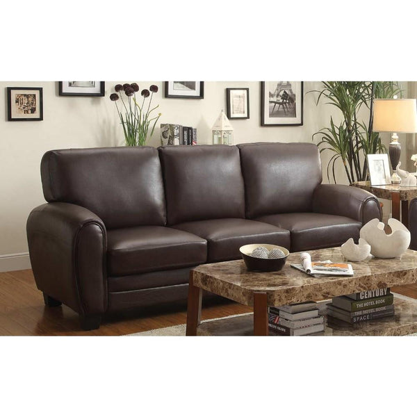 Leather Upholstered Sofa With Tapered Feet, Dark Brown-Living Room Furniture-Brown-Leather wood-JadeMoghul Inc.