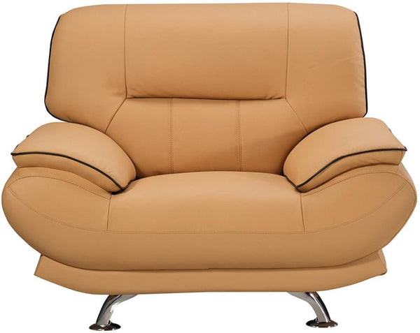 Leather Upholstered Wooden Chair with Bustle Cushion Back and Pillow Top Armrest, Yellow-Dining Chairs-Yellow-Wood, Stainless Steel, Leather-JadeMoghul Inc.