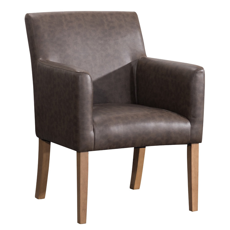 Leather Upholstered Wooden Dining Side Arm Chair, Brown-Arm Chairs-Brown-Wood and Leather-JadeMoghul Inc.