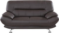 Leather Upholstered Wooden Loveseat with Bustle Cushion Back and Pillow Top Armrest, Dark Brown-Sofas Sectionals & Loveseats-Dark Brown-Wood, Stainless Steel, Leather-JadeMoghul Inc.