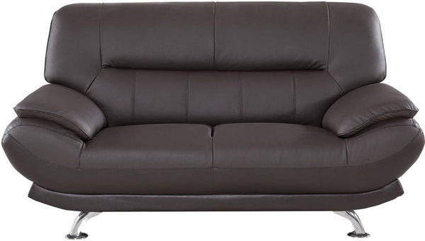 Leather Upholstered Wooden Loveseat with Bustle Cushion Back and Pillow Top Armrest, Dark Brown-Sofas Sectionals & Loveseats-Dark Brown-Wood, Stainless Steel, Leather-JadeMoghul Inc.