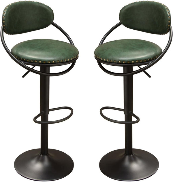 Leatherette Adjustable Bar Height Stools with Nail Head Accents, Green and Black, Pack of Two