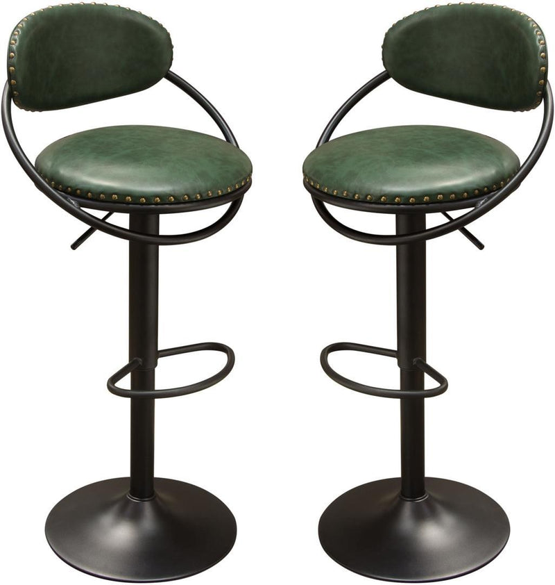 Leatherette Adjustable Bar Height Stools with Nail Head Accents, Green and Black, Pack of Two